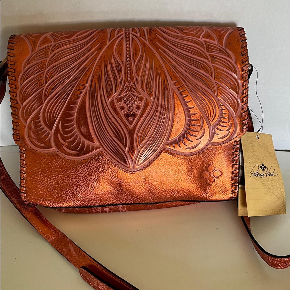 Patricia Nash Sarola Burnished Tooled Crossbody in Burnt Coral - NWT